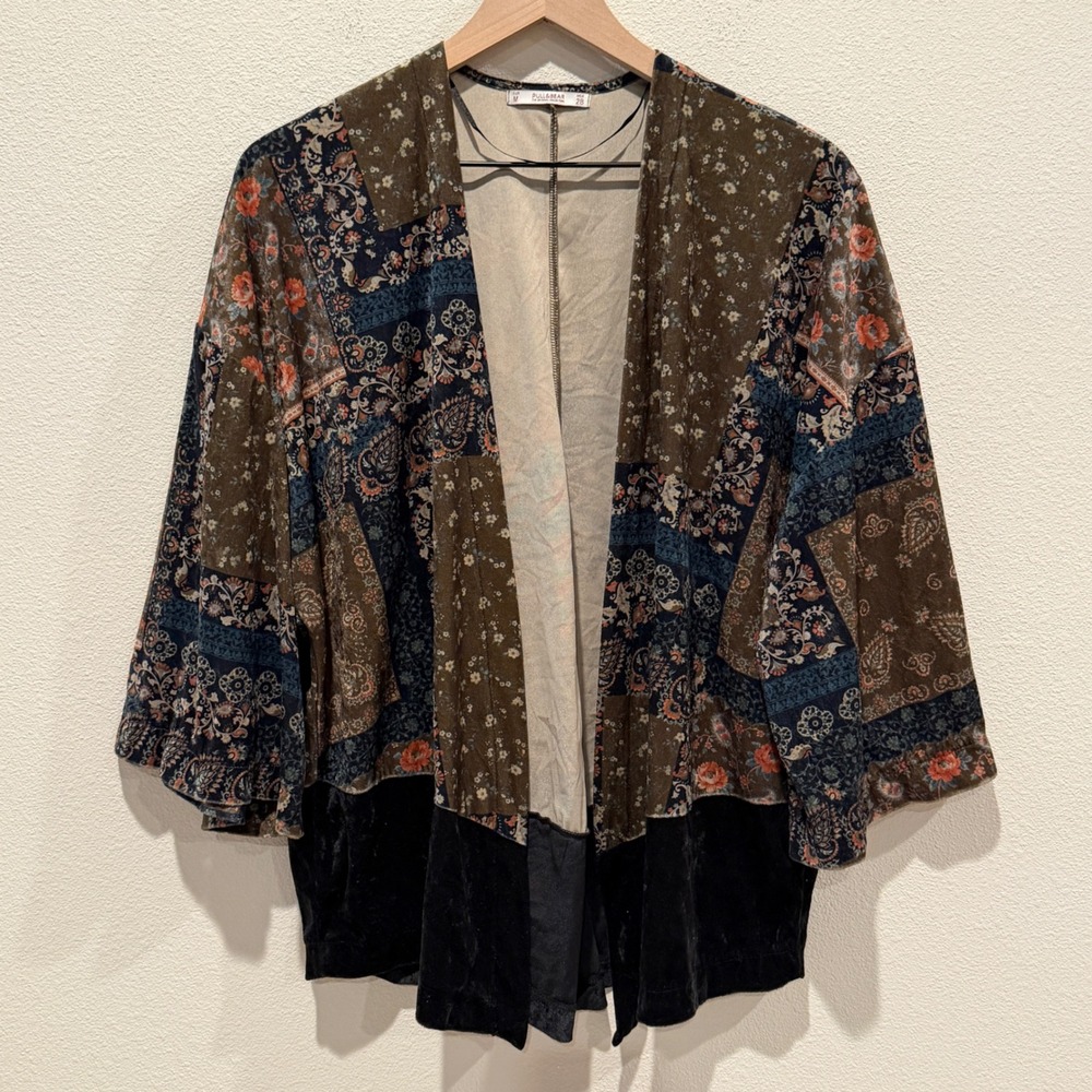PULL&BEAR Womens Kimono Size M Boho Patchwork Velvet Whimsigoth Gobblincore